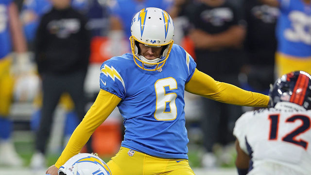 INGLEWOOD, CALIFORNIA - OCTOBER 17: Dustin Hopkins #6 of the Los Angeles Chargers kicks the game winning field goal in overtime to defeat the Denver Broncos at SoFi Stadium on October 17, 2022 in Inglewood, California.