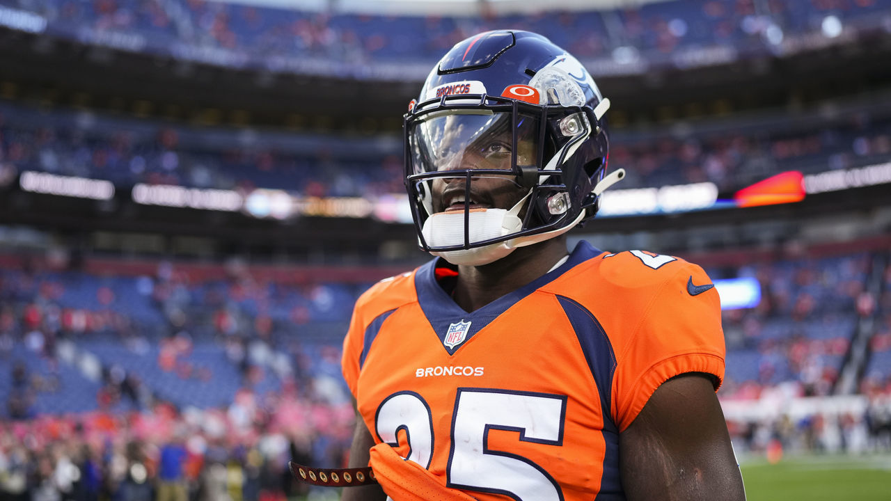 DENVER, CO - OCTOBER 06: Melvin Gordon III #25 of the Denver Broncos warms up against the Indianapolis Colts at Empower Field at Mile High on October 6, 2022 in Denver, Texas.