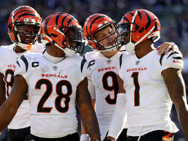 BALTIMORE, MARYLAND - OCTOBER 24: Ja'Marr Chase #1 of the Cincinnati Bengals celebrates a touchdown with Joe Burrow #9 and Joe Mixon #28 during the second half in the game against the Baltimore Ravens at M&T Bank Stadium on October 24, 2021 in Baltimore, Maryland.