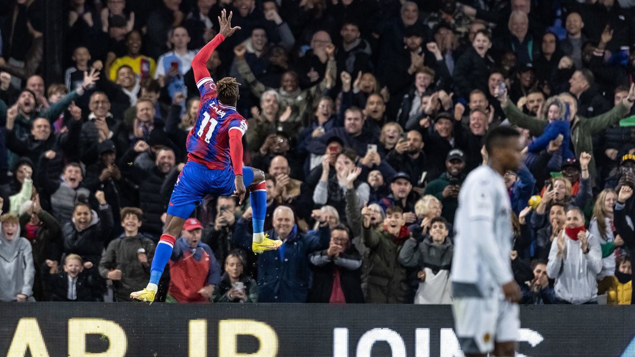 LONDON, ENGLAND - OCTOBER 18: Crystal Palace's Wilfried Zaha celebrates scoring his side's second goal during the Premier League match between Crystal Palace and Wolverhampton Wanderers at Selhurst Park on October 18, 2022 in London, United Kingdom.