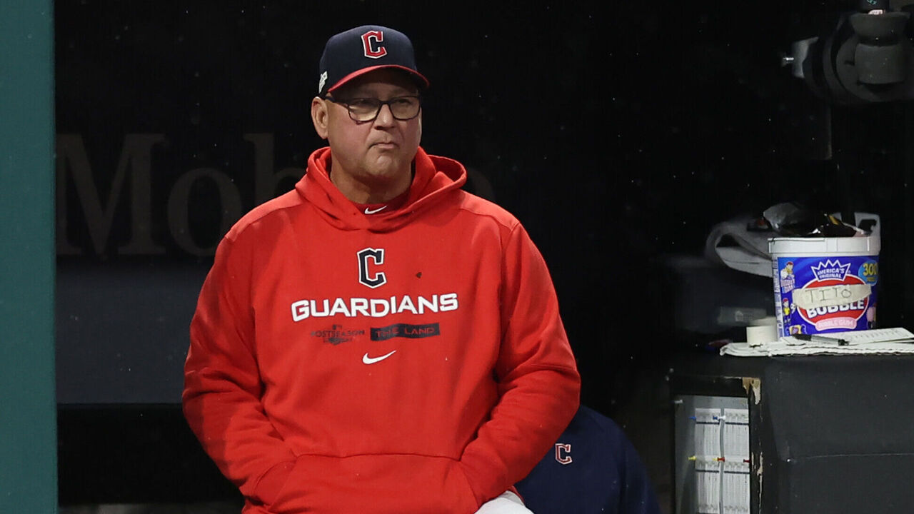 CLEVELAND, OHIO - OCTOBER 16: Manager Terry Francona #77 of the Cleveland Guardians looks on during the fifth inning against the New York Yankees in game four of the American League Division Series at Progressive Field on October 16, 2022 in Cleveland, Ohio.