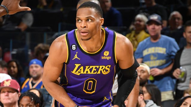 SAN FRANCISCO, CA - OCTOBER 18: Russell Westbrook #0 of the Los Angeles Lakers looks to pass the ball during the game against the Golden State Warriors on October 18, 2022 at Chase Center in San Francisco, California. NOTE TO USER: User expressly acknowledges and agrees that, by downloading and or using this photograph, user is consenting to the terms and conditions of Getty Images License Agreement. Mandatory Copyright Notice: Copyright 2022 NBAE