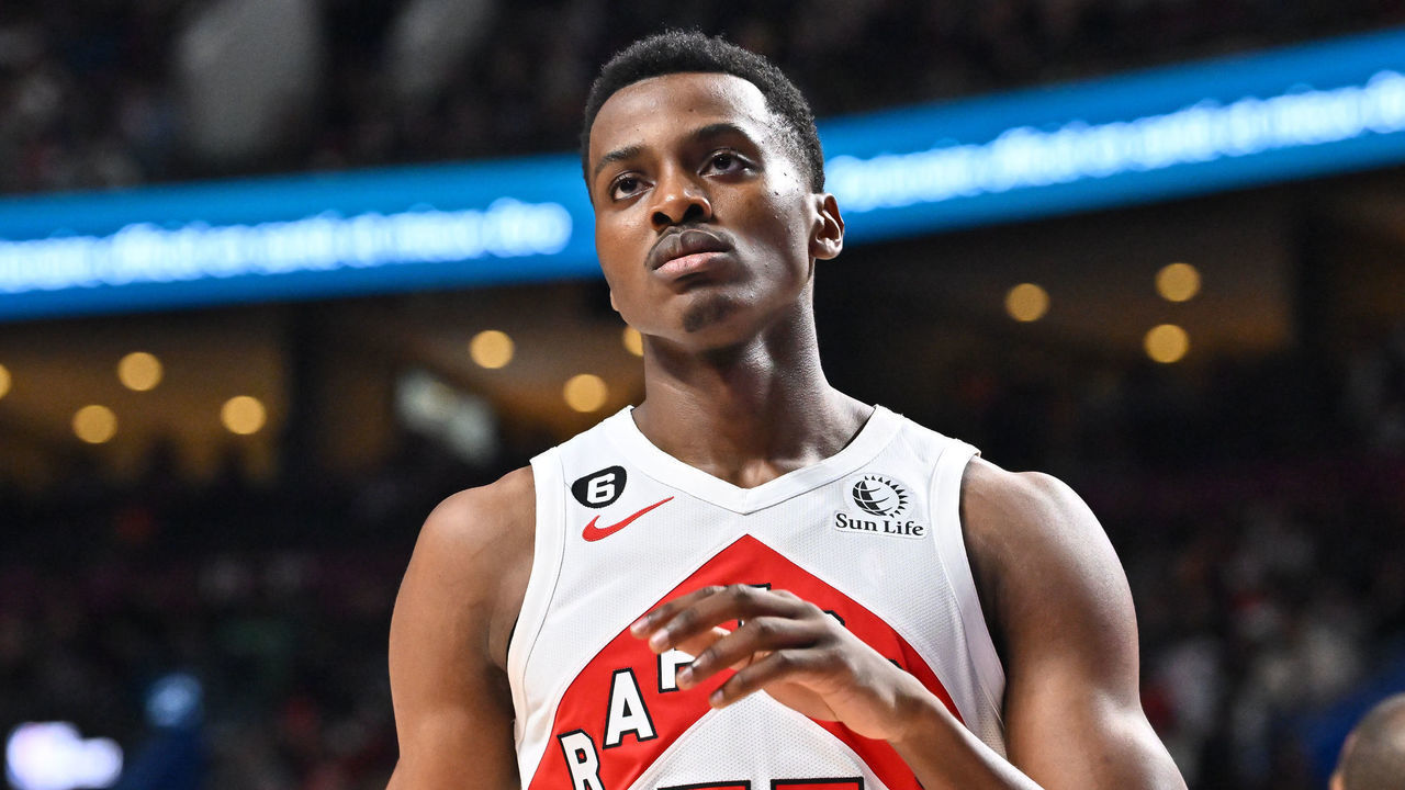 MONTREAL, CANADA - OCTOBER 14: Christian Koloko #35 of the Toronto Raptors takes his position during the first half of a preseason NBA game against the Boston Celtics at Centre Bell on October 14, 2022 in Montreal, Quebec, Canada. The Toronto Raptors defeated the Boston Celtics 137-134 in overtime.