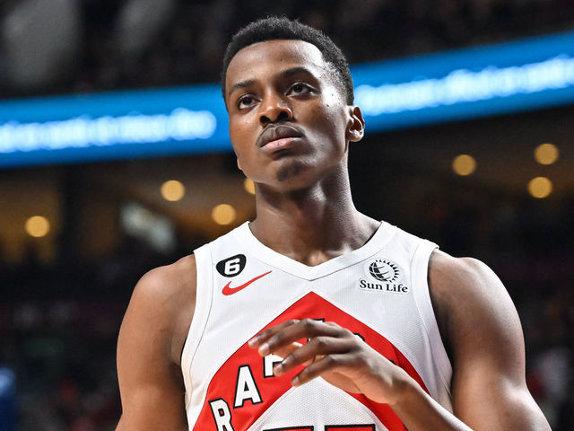 MONTREAL, CANADA - OCTOBER 14: Christian Koloko #35 of the Toronto Raptors takes his position during the first half of a preseason NBA game against the Boston Celtics at Centre Bell on October 14, 2022 in Montreal, Quebec, Canada. The Toronto Raptors defeated the Boston Celtics 137-134 in overtime.