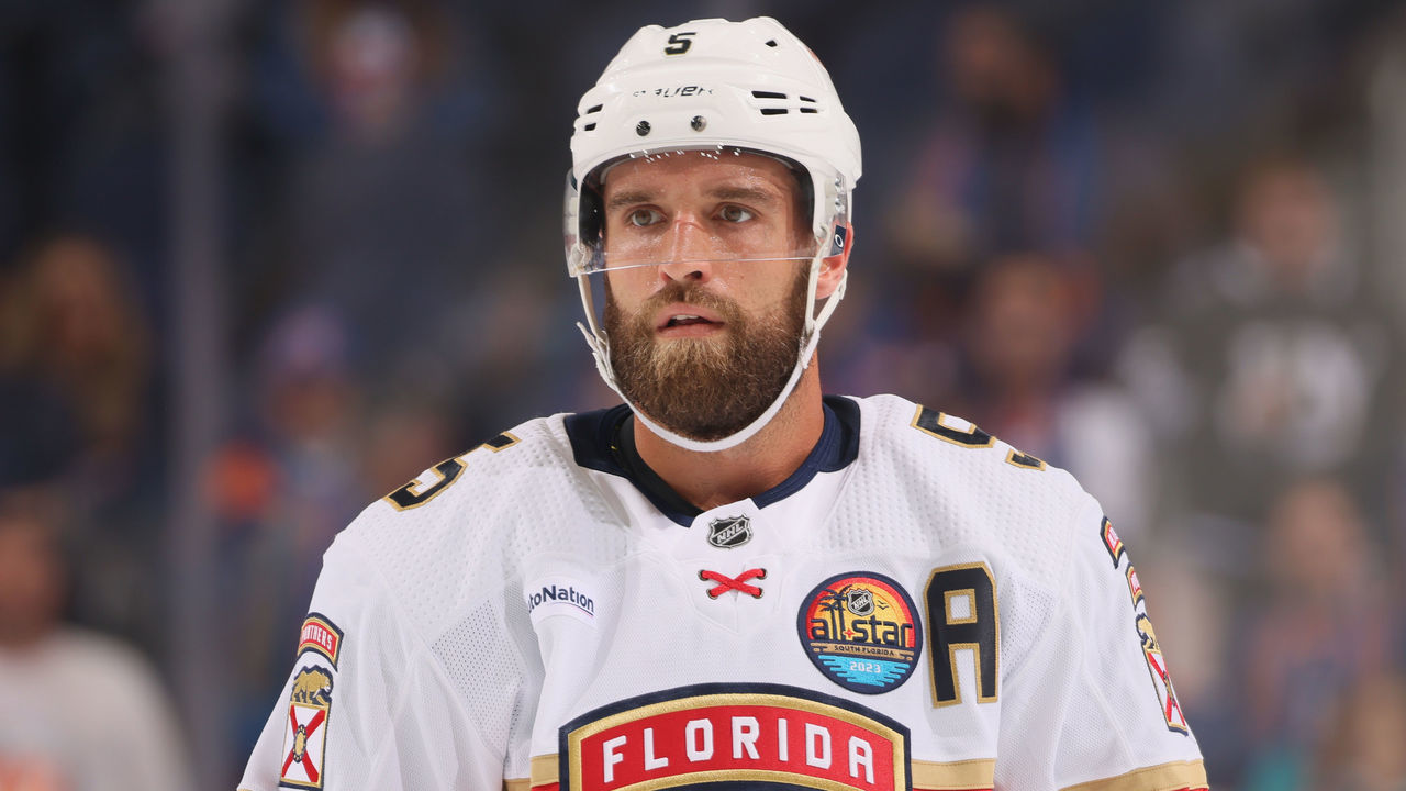 ELMONT, NEW YORK - OCTOBER 13: Aaron Ekblad #5 of the Florida Panthers skates in warm-ups prior to the game against the New York Islanders at the Islanders home opener at the UBS Arena on October 13, 2022 in Elmont, New York.