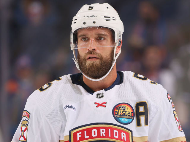 ELMONT, NEW YORK - OCTOBER 13: Aaron Ekblad #5 of the Florida Panthers skates in warm-ups prior to the game against the New York Islanders at the Islanders home opener at the UBS Arena on October 13, 2022 in Elmont, New York.