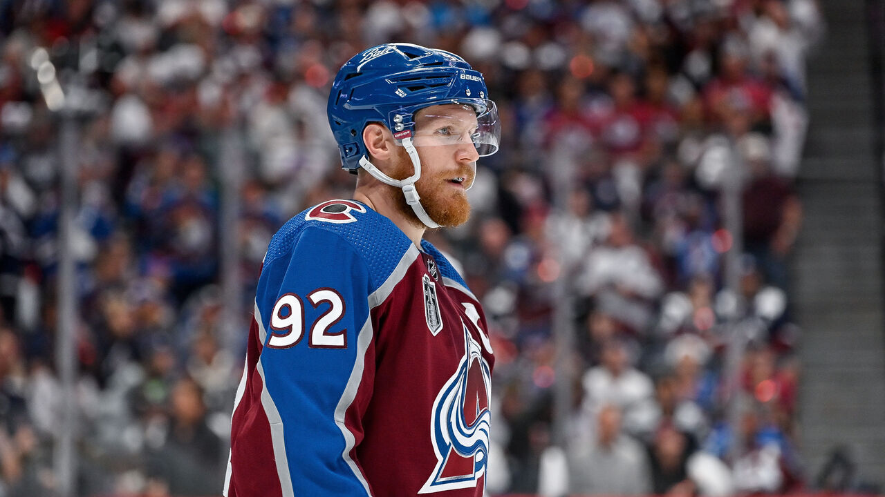 DENVER, CO - JUNE 18: Colorado Avalanche left wing Gabriel Landeskog (92) looks on during the Stanley Cup Finals game 2 between the Tampa Bay Lightning and the Colorado Avalanche at Ball Arena in Denver, Colorado on June 18, 2022.
