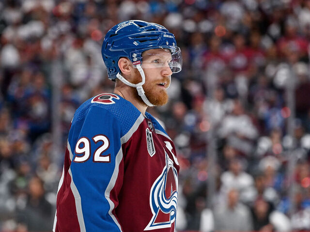 DENVER, CO - JUNE 18: Colorado Avalanche left wing Gabriel Landeskog (92) looks on during the Stanley Cup Finals game 2 between the Tampa Bay Lightning and the Colorado Avalanche at Ball Arena in Denver, Colorado on June 18, 2022.