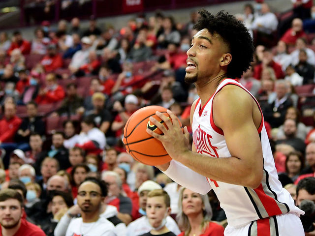 COLUMBUS, OHIO - NOVEMBER 09: Justice Sueing #14 of the Ohio State Buckeyes passes during the second half of the game against the Akron Zips at Value City Arena on November 09, 2021 in Columbus, Ohio.