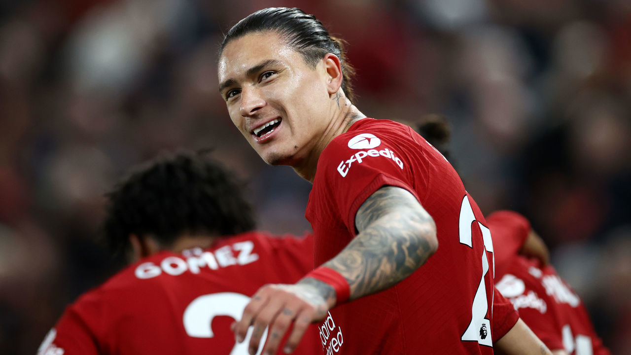 LIVERPOOL, ENGLAND - OCTOBER 19: Darwin Nunez of Liverpool celebrates after scoring their team's first goal during the Premier League match between Liverpool FC and West Ham United at Anfield on October 19, 2022 in Liverpool, England.