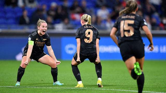 LYON, FRANCE - OCTOBER 19: Beth Mead of Arsenal celebrates with team mates after scoring their sides third goal during the UEFA Women's Champions League group C match between Olympique Lyon and Arsenal at Groupama Stadium on October 19, 2022 in Lyon, France.