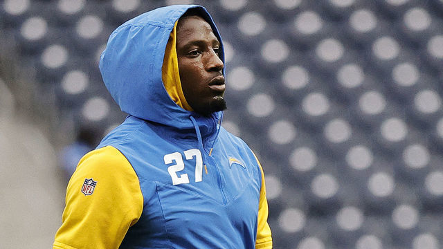 HOUSTON, TEXAS - OCTOBER 02: J.C. Jackson #27 of the Los Angeles Chargers warms up before playing the Houston Texans at NRG Stadium on October 02, 2022 in Houston, Texas.