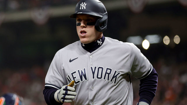 HOUSTON, TEXAS - OCTOBER 19: Harrison Bader #22 of the New York Yankees hits a home run during the second inning against the Houston Astros in game one of the American League Championship Series at Minute Maid Park on October 19, 2022 in Houston, Texas.