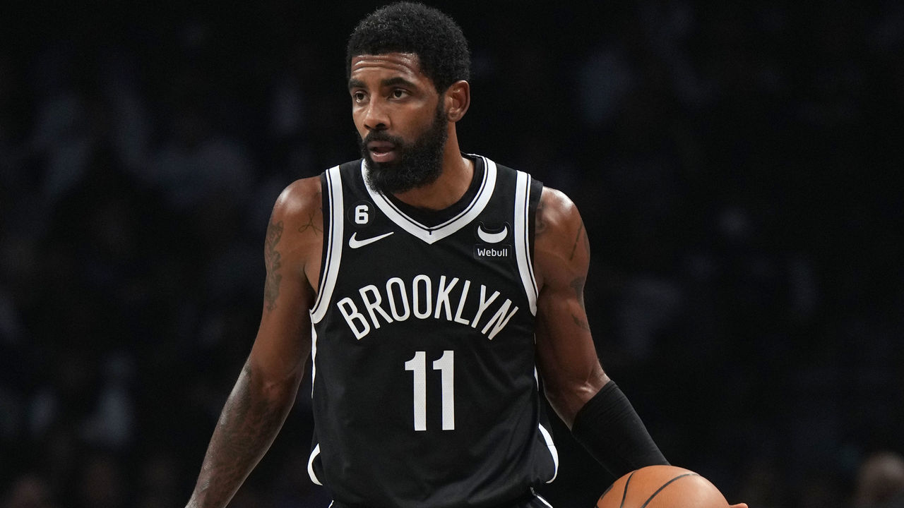 BROOKLYN, NY - OCTOBER 19: Kyrie Irving #11 of the Brooklyn Nets dribbles the ball during the game against the New Orleans Pelicans on October 19, 2022 at Barclays Center in Brooklyn, New York. Mandatory Copyright Notice: Copyright 2022 NBAE