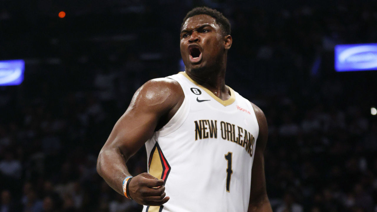 NEW YORK, NEW YORK - OCTOBER 19: Zion Williamson #1 of the New Orleans Pelicans reacts during the first half against the Brooklyn Nets at Barclays Center on October 19, 2022 in the Brooklyn borough of New York City.
