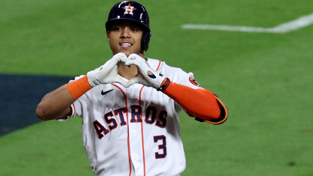 HOUSTON, TEXAS - OCTOBER 19: Jeremy Pena #3 of the Houston Astros celebrates a home run during the seventh inning against the New York Yankees in game one of the American League Championship Series at Minute Maid Park on October 19, 2022 in Houston, Texas.