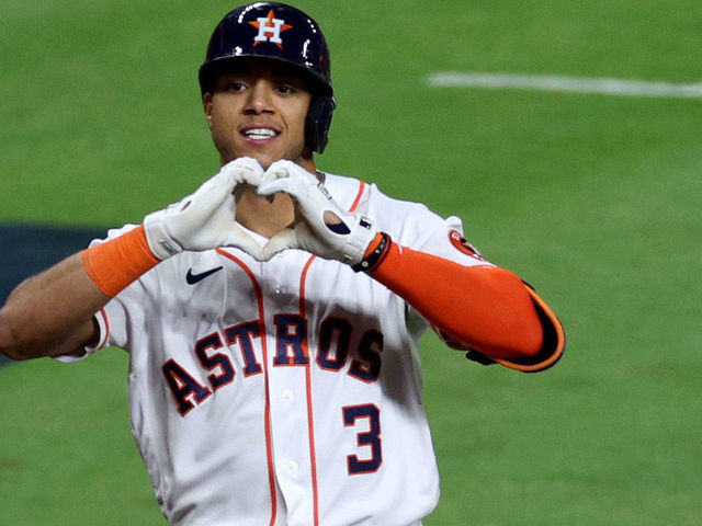 HOUSTON, TEXAS - OCTOBER 19: Jeremy Pena #3 of the Houston Astros celebrates a home run during the seventh inning against the New York Yankees in game one of the American League Championship Series at Minute Maid Park on October 19, 2022 in Houston, Texas.