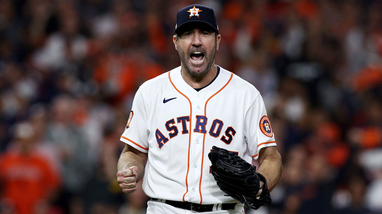 HOUSTON, TEXAS - OCTOBER 19: Justin Verlander #35 of the Houston Astros reacts are a strike out during the sixth inning against the New York Yankees in game one of the American League Championship Series at Minute Maid Park on October 19, 2022 in Houston, Texas.