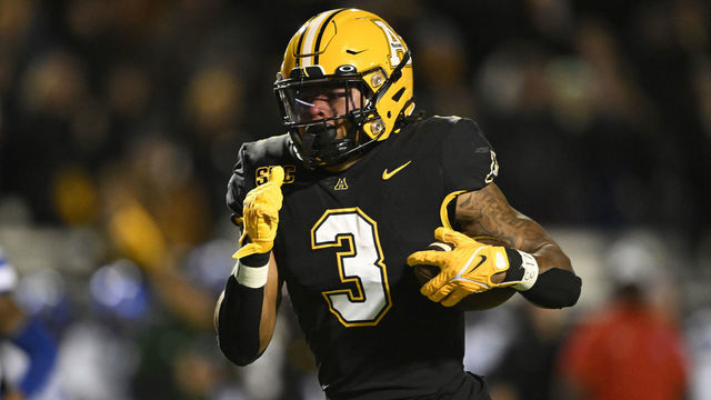 BOONE, NORTH CAROLINA - OCTOBER 19: Ahmani Marshall #3 of the Appalachian State Mountaineers runs for a third quarter touchdown against the Georgia State Panthers at Kidd Brewer Stadium on October 19, 2022 in Boone, North Carolina.
