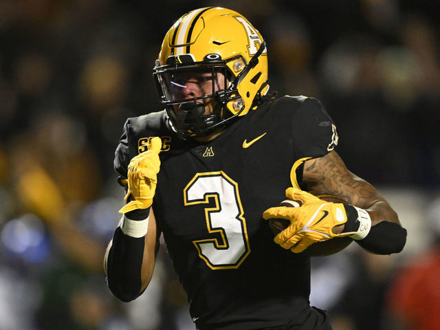 BOONE, NORTH CAROLINA - OCTOBER 19: Ahmani Marshall #3 of the Appalachian State Mountaineers runs for a third quarter touchdown against the Georgia State Panthers at Kidd Brewer Stadium on October 19, 2022 in Boone, North Carolina.