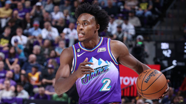 SALT LAKE CITY, UT - OCTOBER 19: Collin Sexton #2 of the Utah Jazz handles the ball against the Denver Nuggets on October 19, 2022 at Vivint Arena in Salt Lake City, Utah. NOTE TO USER: User expressly acknowledges and agrees that, by downloading and/or using this photograph, user is consenting to the terms and conditions of the Getty Images License Agreement. Mandatory Copyright Notice: Copyright 2022 NBAE