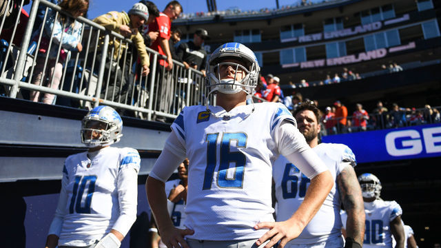 FOXBOROUGH, MA - OCTOBER 9, 2022: Jared Goff #16 of the Detroit Lions walks onto the field prior to the game against the New England Patriots at Gillette Stadium on October 9, 2022 in Foxborough, Massachusetts.