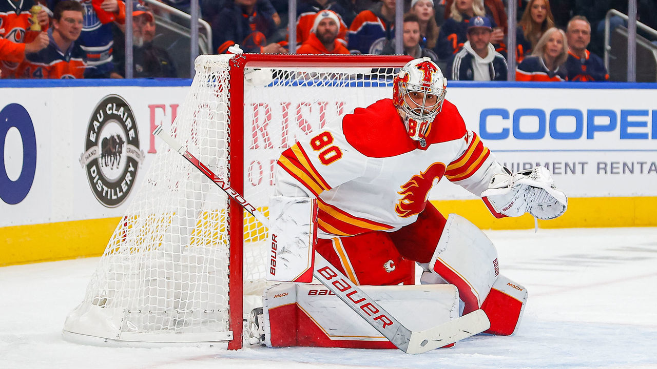 EDMONTON, AB - OCTOBER 15: Calgary Flames Goalie Dan Vladar (80) in game action makes an RVH save in the first period during the Edmonton Oilers game versus the Calgary Flames on October 15, 2022 at Rogers Place in Edmonton, AB.