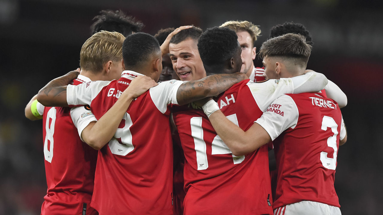 LONDON, ENGLAND - OCTOBER 20: Granit Xhaka of Arsenal celebrates after scoring his team's first goal during the UEFA Europa League group A match between Arsenal FC and PSV Eindhoven at Emirates Stadium on October 20, 2022 in London, United Kingdom.