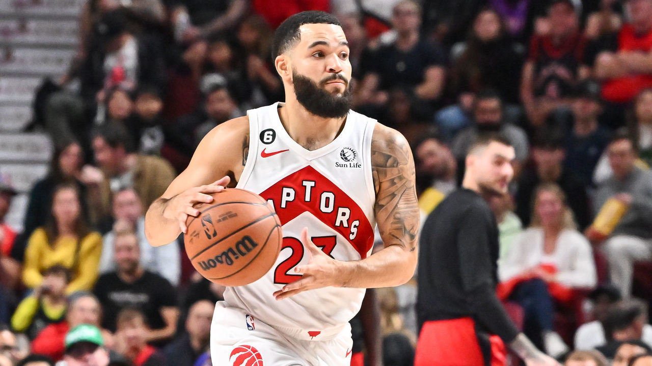 MONTREAL, CANADA - OCTOBER 14: Fred VanVleet #23 of the Toronto Raptors dribbles the ball against the Boston Celtics during the first half of a preseason NBA game at Centre Bell on October 14, 2022 in Montreal, Quebec, Canada. The Toronto Raptors defeated the Boston Celtics 137-134 in overtime.