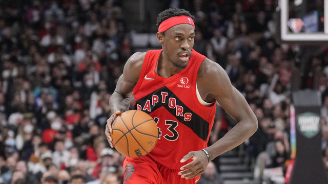TORONTO, ON - APRIL 7: Pascal Siakam #43 of the Toronto Raptors dribbles against the Philadelphia 76ers during the second half of their basketball game at the Scotiabank Arena on April 7, 2022 in Toronto, Ontario, Canada. NOTE TO USER: User expressly acknowledges and agrees that, by downloading and/or using this Photograph, user is consenting to the terms and conditions of the Getty Images License Agreement.