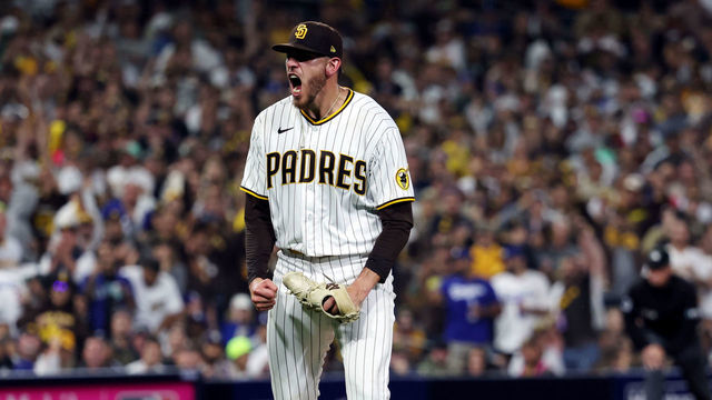 SAN DIEGO, CA - OCTOBER 15: Joe Musgrove #44 for the San Diego Padres reacts to getting out of the fifth inning during the game between the Los Angeles Dodgers and the San Diego Padres at Petco Park on Saturday, October 15, 2022 in San Diego, California.