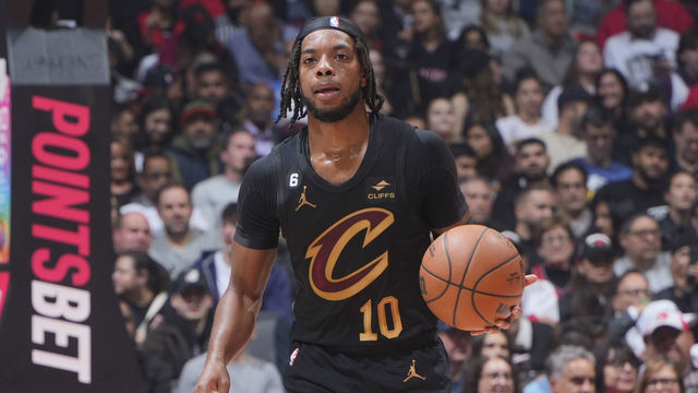 TORONTO, CANADA - OCTOBER 19: Darius Garland #10 of the Cleveland Cavaliers dribbles the ball during the game against the Toronto Raptors on October 19, 2022 at the Scotiabank Arena in Toronto, Ontario, Canada. Mandatory Copyright Notice: Copyright 2022 NBAE