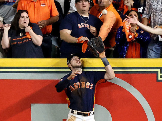 HOUSTON, TEXAS - OCTOBER 20: Kyle Tucker #30 of the Houston Astros makes a catch on a fly ball hit by Aaron Judge #99 of the New York Yankees (not pictured) during the eighth inning in game two of the American League Championship Series at Minute Maid Park on October 20, 2022 in Houston, Texas.