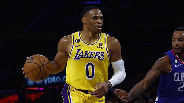 LOS ANGELES, CALIFORNIA - OCTOBER 20: iRussell Westbrook #0 of the Los Angeles Lakers dribbles the ball against the LA Clippers n the first quarter at Crypto.com Arena on October 20, 2022 in Los Angeles, California. NOTE TO USER: User expressly acknowledges and agrees that, by downloading and/or using this photograph, user is consenting to the terms and conditions of the Getty Images License Agreement.