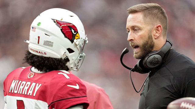 LAS VEGAS, NEVADA - SEPTEMBER 18: Arizona Cardinals head coach Kliff Kingsbury talks to Kyler Murray #1 in the first half against the Las Vegas Raiders at Allegiant Stadium on September 18, 2022 in Las Vegas, Nevada.