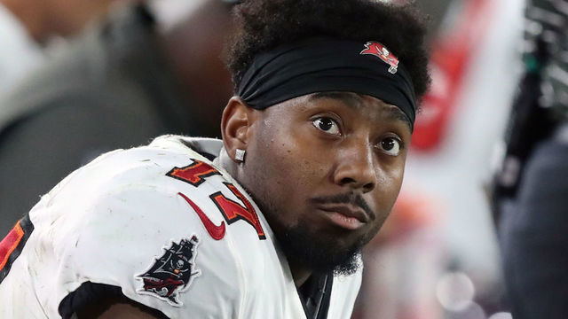 TAMPA, FL - OCTOBER 02: Tampa Bay Buccaneers Wide Receiver Russell Gage (17) sits on the bench during the regular season game between the Kansas City Chiefs and the Tampa Bay Buccaneers on October 02, 2022 at Raymond James Stadium in Tampa, Florida.
