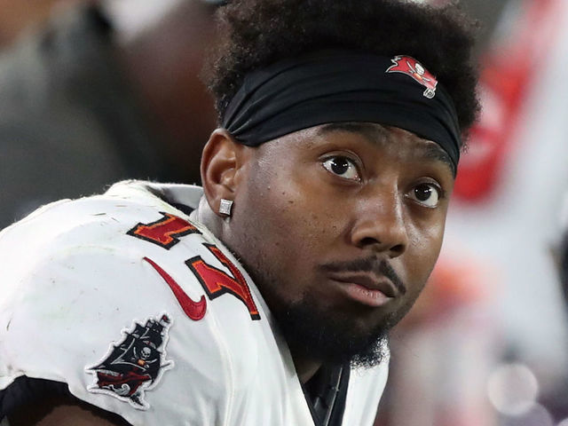 TAMPA, FL - OCTOBER 02: Tampa Bay Buccaneers Wide Receiver Russell Gage (17) sits on the bench during the regular season game between the Kansas City Chiefs and the Tampa Bay Buccaneers on October 02, 2022 at Raymond James Stadium in Tampa, Florida.