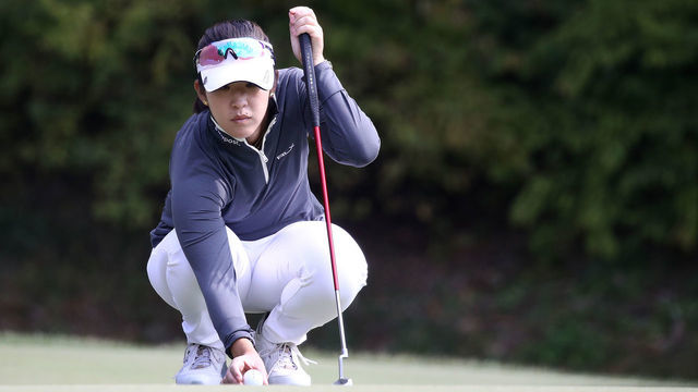 WONJU, SOUTH KOREA - OCTOBER 21: Andrea Lee of the United States lines up a putt on the second green during the second round of the BMW Ladies Championship at Oak Valley Country Club on October 21, 2022 in Wonju, South Korea.