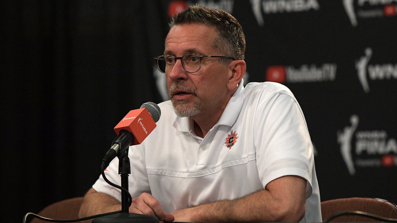 UNCASVILLE, CT - SEPTEMBER 18: Head Coach Curt Miller of the Connecticut Sun speaks with the media after the game against the Las Vegas Aces during Game 5 of the WNBA Finals on September 18, 2022 at Mohegan Sun Arena in Uncasville, Connecticut. NOTE TO USER: User expressly acknowledges and agrees that, by downloading and/or using this Photograph, user is consenting to the terms and conditions of the Getty Images License Agreement. Mandatory Copyright Notice: Copyright 2022 NBAE