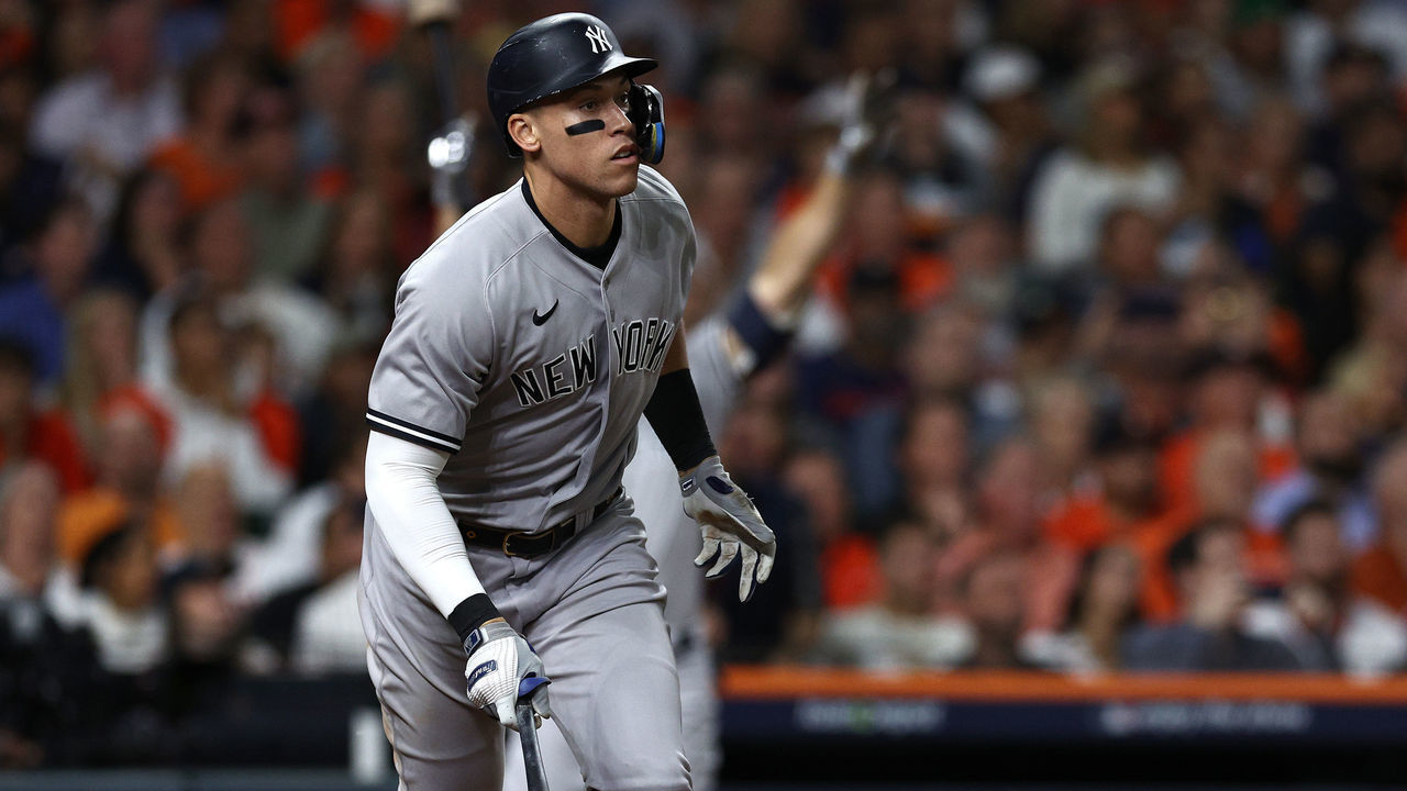 HOUSTON, TEXAS - OCTOBER 20: Aaron Judge #99 of the New York Yankees hits a fly ball against the Houston Astros during the eighth inning in game two of the American League Championship Series at Minute Maid Park on October 20, 2022 in Houston, Texas.