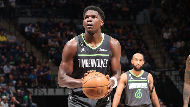MINNEAPOLIS, MN - OCTOBER 21: Anthony Edwards #1 of the Minnesota Timberwolves prepares to shoot a free throw during the game against the Utah Jazz on October 21, 2022 at Target Center in Minneapolis, Minnesota. Mandatory Copyright Notice: Copyright 2022 NBAE