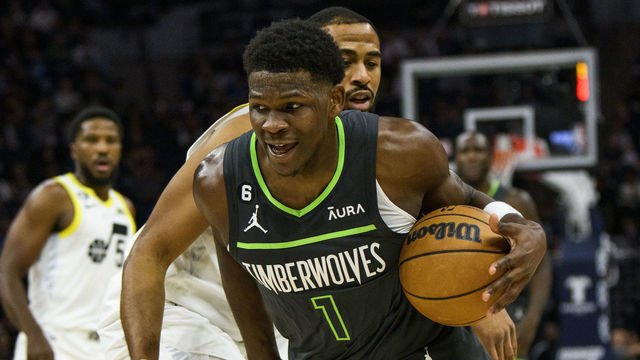 MINNEAPOLIS, MN - OCTOBER 21: Anthony Edwards #1 of the Minnesota Timberwolves drives with the ball in the first quarter of the game against the Utah Jazz at Target Center on October 21, 2022 in Minneapolis, Minnesota.