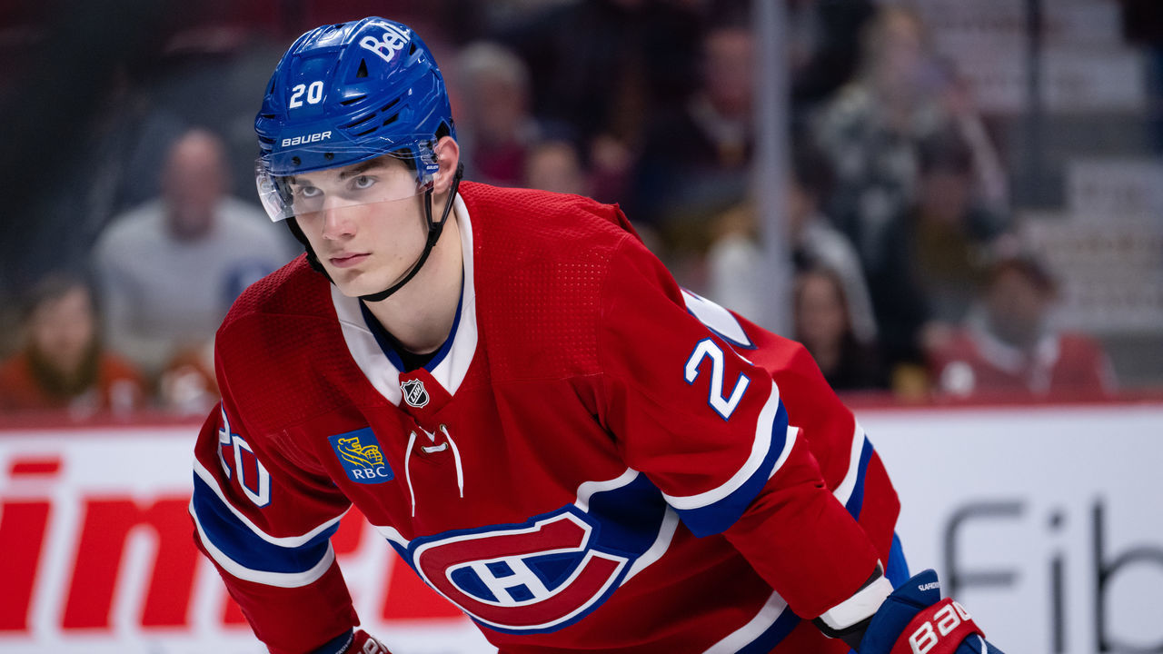 MONTREAL, QC - OCTOBER 20: Juraj Slafkovsky (20) of the Montreal Canadiens looks on during the second period of the NHL pre-season game between the Arizona Coyotes and the Montreal Canadiens on October 20, 2022, at the Bell Centre in Montreal, QC