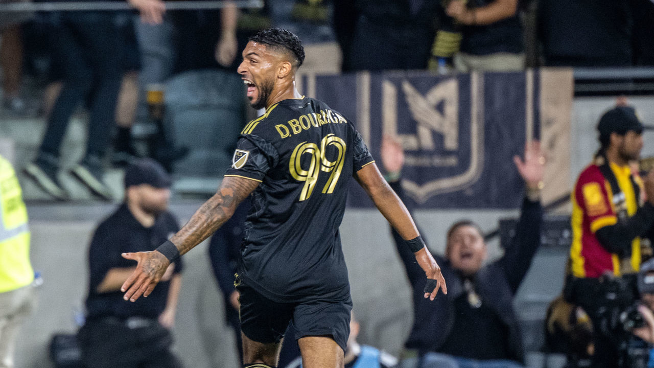 LOS ANGELES, CA - OCTOBER 20: Denis Bouanga #99 of Los Angeles FC celebrates his goal during the MLS Cup semifinal game against Los Angeles Galaxy at Banc of California Stadium on October 20, 2022 in Los Angeles, California.