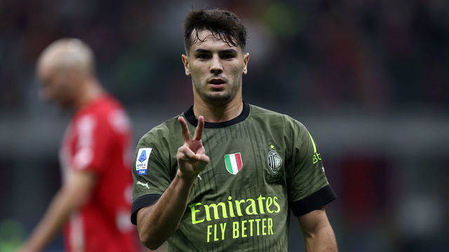 MILAN, ITALY - OCTOBER 22: Brahim Diaz of AC Milan celebrates after scoring his team's second goal during the Serie A match between AC MIlan and AC Monza at Stadio Giuseppe Meazza on October 22, 2022 in Milan, Italy.