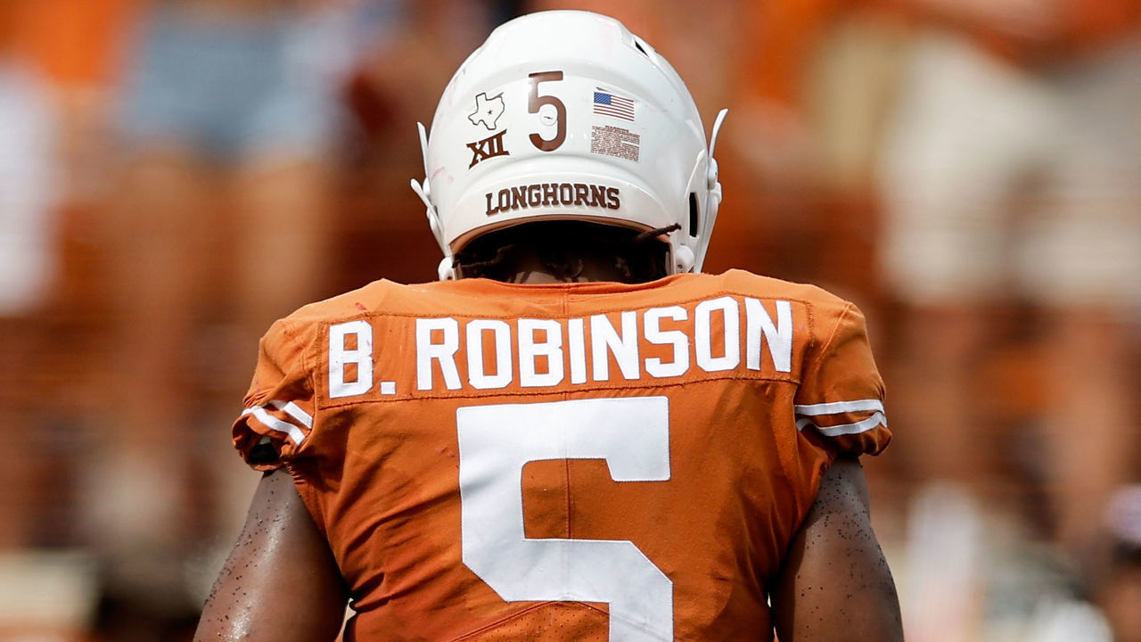 AUSTIN, TEXAS - OCTOBER 15: Bijan Robinson #5 of the Texas Longhorns walks to the sideline in the second half against the Iowa State Cyclones at Darrell K Royal-Texas Memorial Stadium on October 15, 2022 in Austin, Texas.