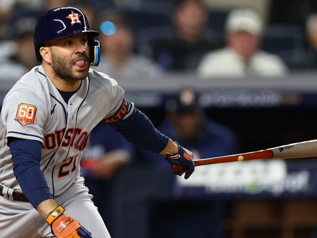 NEW YORK, NEW YORK - OCTOBER 22: Jose Altuve #27 of the Houston Astros hits a double against the New York Yankees during the fifth inning in game three of the American League Championship Series at Yankee Stadium on October 22, 2022 in New York City.