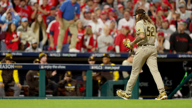 PHILADELPHIA, PENNSYLVANIA - OCTOBER 22: Mike Clevinger #52 of the San Diego Padres leaves the game during the first inning against the Philadelphia Phillies in game four of the National League Championship Series at Citizens Bank Park on October 22, 2022 in Philadelphia, Pennsylvania.
