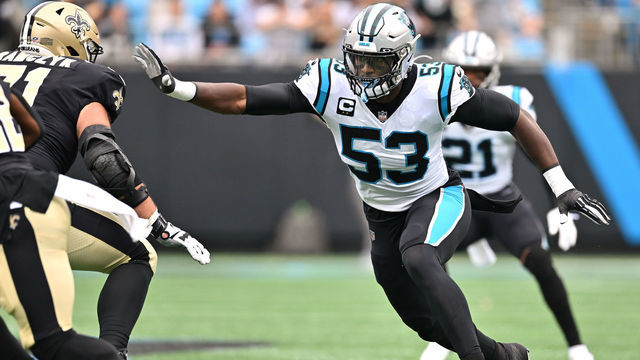 CHARLOTTE, NORTH CAROLINA - SEPTEMBER 25: Brian Burns #53 of the Carolina Panthers rushed against the New Orleans Saints during their game at Bank of America Stadium on September 25, 2022 in Charlotte, North Carolina.