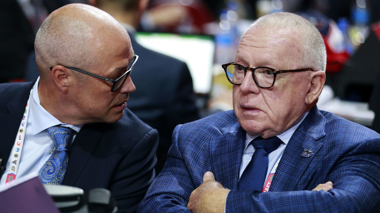 MONTREAL, QUEBEC - JULY 08: (L-R) General manager Patrik Allvin and President of hockey operations Jim Rutherford of the Vancouver Canucks look on during the 2022 Upper Deck NHL Draft at Bell Centre on July 08, 2022 in Montreal, Quebec.